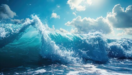 Waves crashing under a bright sky near the coastline at midday