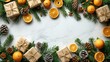 © Feeney - christmas or new year banner xmas greeting card christmas gifts,fir tree branches on white marble background flat lay top view copy space.