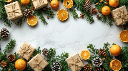 Wall Mural - christmas or new year banner xmas greeting card christmas gifts,fir tree branches on white marble background flat lay top view copy space.