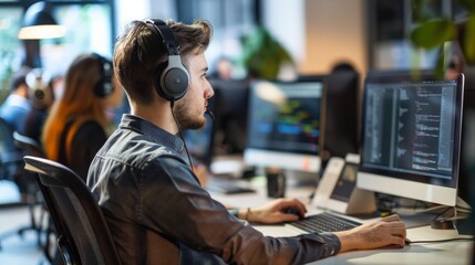 Fototapete - An individual at a desk focused on computer coding, wearing large headphones in a modern, open-plan office with other coworkers in the background.