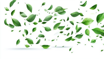 Green leaves swirling in the air against a white background