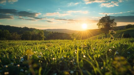 Poster - A heartwarming sunrise over a lush green meadow with scattered trees and a serene landscape, symbolizing new beginnings, peace, and the beauty of nature.