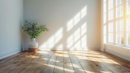 Poster - An empty sunlit room featuring wooden floors, a large window casting light, and a vase of delicate flowers, creating a serene and minimalistic indoor environment.