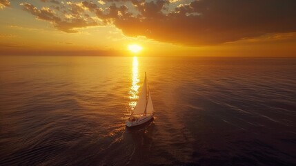 Wall Mural - Yacht On Horizon. Romantic Sunset with White Boat Sailing towards Setting Sun