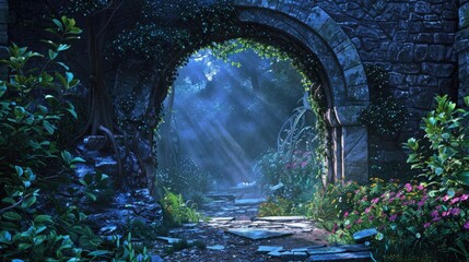 Wall Mural - Castle Background. Enchanted Fairy Garden Landscape with Archway at Night