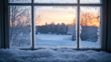 Frost-covered windowpane with a view of a snowy landscape, illuminated by the soft light of dawn.