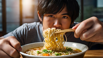 Eating ramen soup with noodles pasta blur background no any face visible