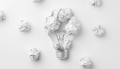 Creative concept of a light bulb surrounded by crumpled paper balls on a white background