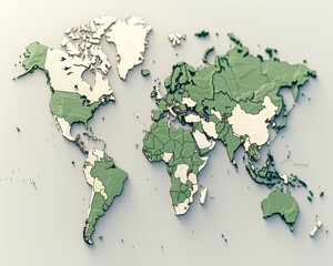  Stylized world map in green tones, showcasing continents and regions, ideal for educational or global-themed projects.
