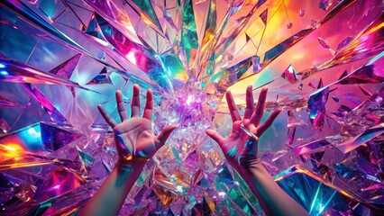 Poster - Vibrant rainbow reflexes in pink and purple hues emanate from a holographic background, shattered by intricate glass shards, creating an abstract, trendy, and magical texture.