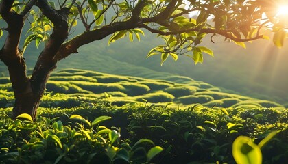 Wall Mural - Sunlight shines through the trees on the tea garden, blending the tranquility of the morning with the natural beauty.