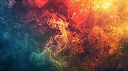 Poster - An abstract image displaying vibrant swirling patterns of colored smoke in motion, blending hues of orange, yellow, red, and blue in a mesmerizing visual effect.