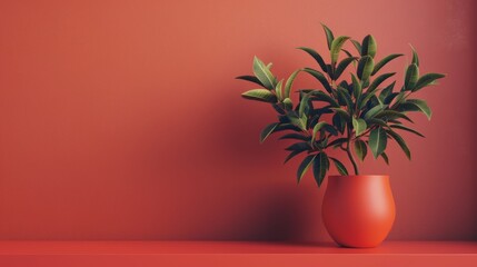 Wall Mural - Minimalist green plant in a red pot against a red background