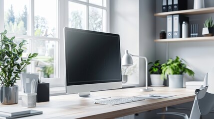 Poster - Capture a workspace with a high-end office computer, including a sleek monitor and a minimalistic keyboard.