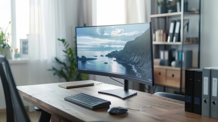 Poster - Capture a workspace with a desktop computer setup, focusing on a sleek monitor and an ergonomic keyboard.