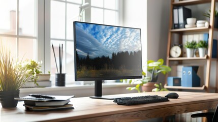 Poster - Capture a workspace with a high-end office computer, including a sleek monitor and a minimalistic keyboard.