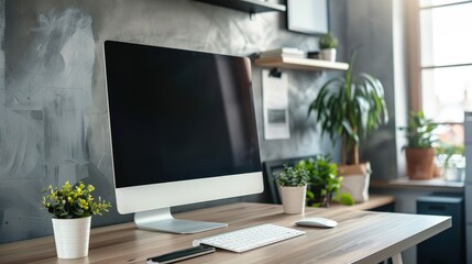 Poster - Capture a workspace with a high-end office computer, including a sleek monitor and a minimalistic keyboard.