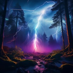 Wall Mural - a striking image of vivid lightning illuminating a misty forest, creating an eerie and captivating a