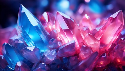 Close-up of vibrant pink and blue crystals, glowing and reflecting light.