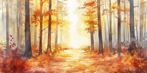 Wall Mural - Soft Watercolor Background of Autumn Forest with Gentle Brushstrokes Concept Watercolor Background, Autumn Forest, Gentle Brushstrokes, Fluid Artistic Representation