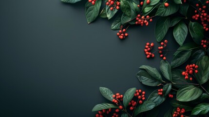 Aufkleber - A stylish minimalist image featuring green leaves and red berries against a dark background. This artistic photograph captures the natural beauty and festive atmosphere of the scene.