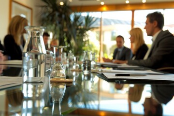 Poster - Image of a business meeting with people around a glass table, featuring a water pitcher, all set in a room with large windows and lush green plants enhancing the environment.