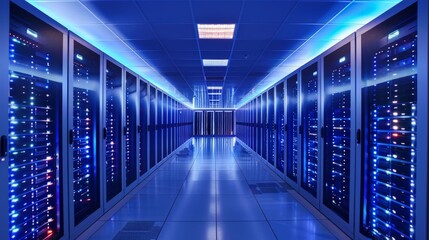 Leinwandbilder - A technologically advanced data center filled with multiple server racks under blue atmospheric lighting, showcasing the symmetry and high-tech environment of modern computing infrastructure.