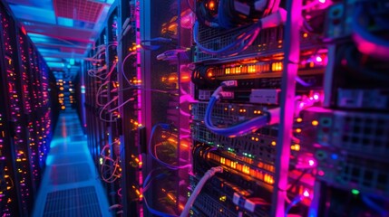 Leinwandbilder - A vibrant data center scene featuring illuminated server racks highlighted by colorful neon lights, with an array of interconnected wires and hardware components visible.