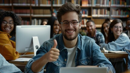 Poster - A young man gives a thumbs-up as he enjoys studying with friends in a lively library filled with books and laughter