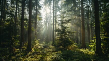 Aufkleber - A stunning forest scene featuring tall trees standing amidst thick green foliage, with sunlight streaming through, creating a breathtaking natural light display.