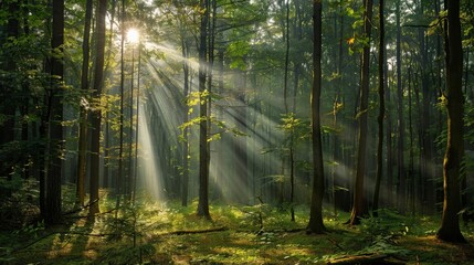 Poster - Sunlight penetrates the forest canopy, creating stunning light rays that illuminate the forest floor, highlighting the lush vegetation and serene ambiance of the woods.