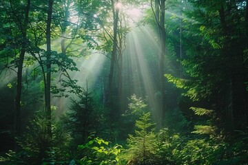 Aufkleber - Sunlight beams through a vibrant forest after rain, casting beautiful light and shadow patterns on the lush, wet foliage, creating a fresh and invigorating scene.