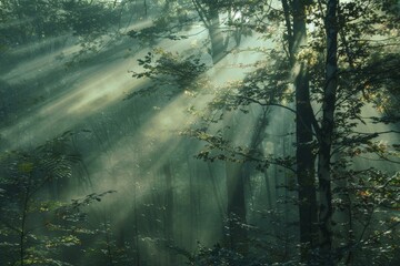 Poster - A mystical foggy forest scene where sunlight breaks through the fog to illuminate the dense trees and leaves, creating a serene and captivating natural display.