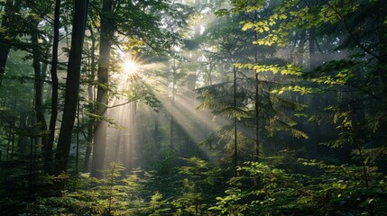 Poster - Golden sun rays illuminate a dense forest filled with green trees, creating a stunning interplay of light and shadows, which highlights the natural beauty and tranquility of the habitat.