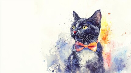 Naklejka na meble A charming watercolor portrait of a cat wearing a stylish bow tie, embodying elegance and whimsy in vibrant colors.