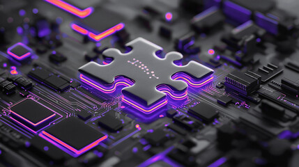 Wall Mural - Close-up of a glowing circuit board with a metallic puzzle piece, symbolizing technology and connectivity.