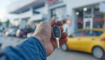 car key in a man’s hand on car dealership background