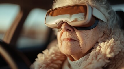 An elderly person wearing cozy knitwear sits in the driver's seat of a car, embodying a sense of warmth, comfort, and the nostalgia of life's journey and experiences.