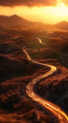 Poster - The warm glow of sunset casts a golden hue on a winding road, surrounded by hills, creating a serene atmosphere in the fading light of day