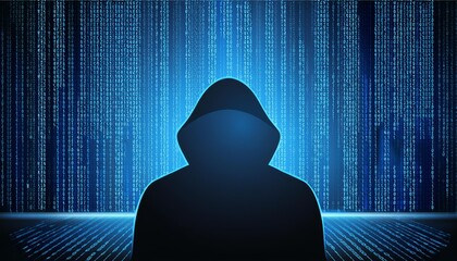 Hacker silhouette with blue code background.
