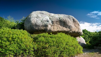 Large Rock and Green Bushes.