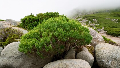 Lush Green Bush Growing Over Rocks.