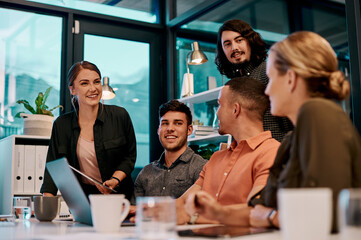 Aufkleber - Creative people, happy and meeting with laptop in office for sales planning, brainstorming or teamwork. Employee, smile and discussion with tech for kpi research, solution or review of company growth