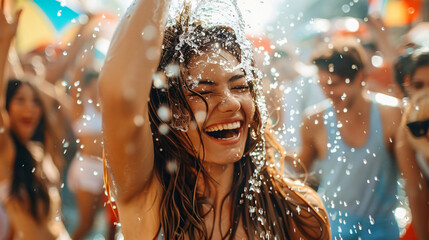 Young woman enjoying herself at a music festival, dancing in the crowd and getting soaked with water