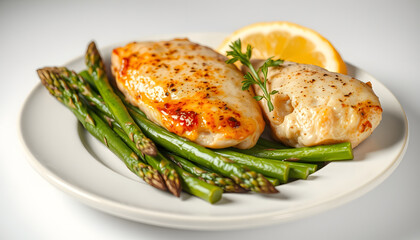 Bland healthly food meal. Boring low calorie chicken slimmer's dinner with asparagus isolated with white highlights, png