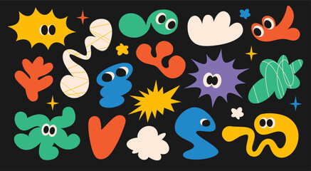 Wall Mural - abstract futuristic comic shapes with eyes, frame, textbox in trendy retro groovy, y2k style, vintag