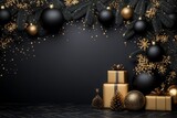 Elegant black and gold holiday decorations featuring ornaments, gifts, and pinecones against a dark backdrop