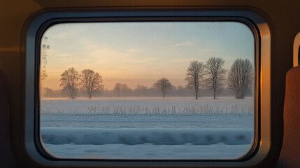 Inside the electric train, a window view of a snow-covered landscape with trees and fields bathed in the soft light of a setting sun.