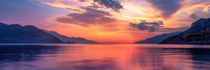 Sticker - Sunset over the sea with orange and purple clouds, featuring silhouetted mountains in the background.