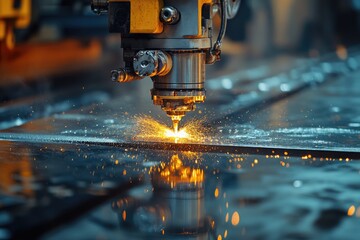 Fototapete - Cnc machine cutting metal plate with water cooling system being used for heavy industry modern factory